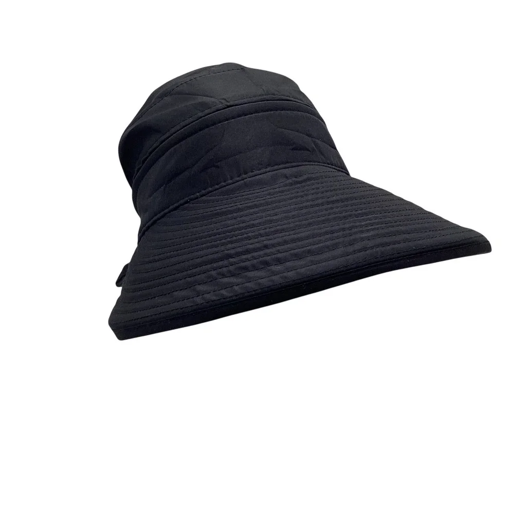 SunCube Black Wide Brim Sun Hat Visor 2-in-1 Removable Top Packable Bow Detail